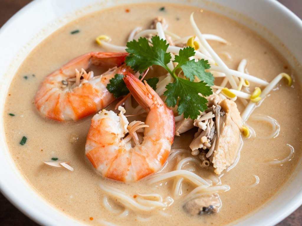 Bowl of Sarawak laksa with ingredients