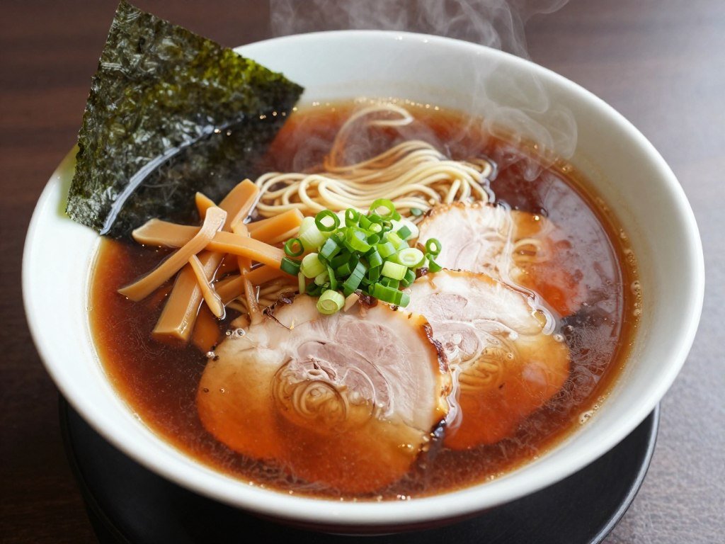 Bowl of Tokyo-style shoyu ramen with toppings