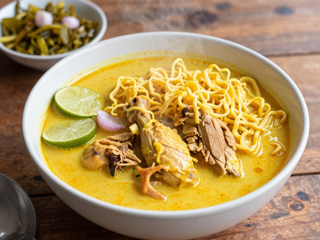 Bowl of authentic khao soi northern Thai curry noodles