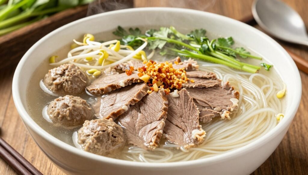 Bowl of beef noodle soup with tender beef, rice noodles and clear broth showing Bangkok street food
