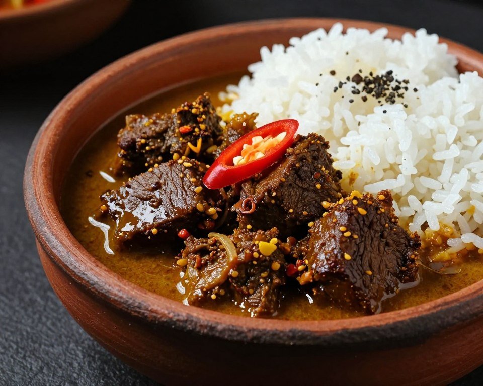 Bowl of beef rendang in rich coconut curry sauce