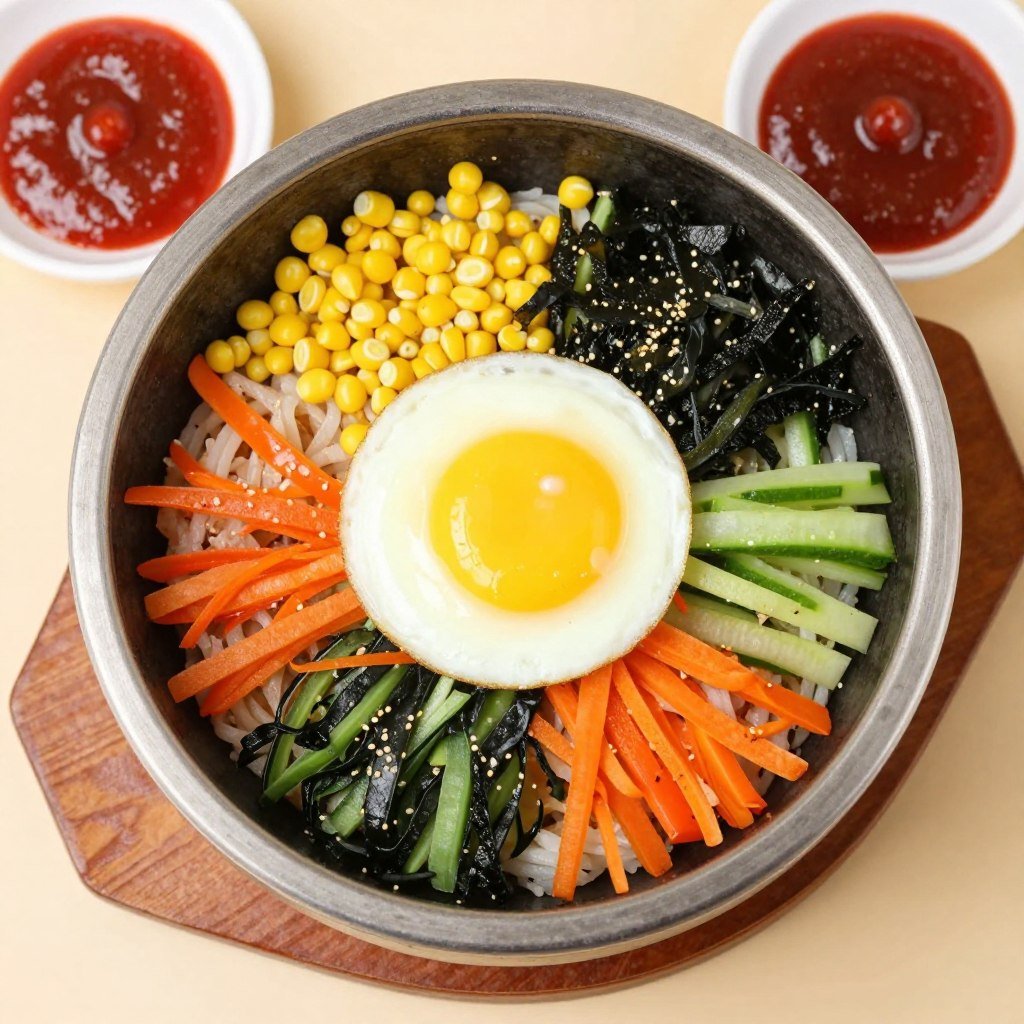 Bowl of bibimbap with vegetables and fried egg