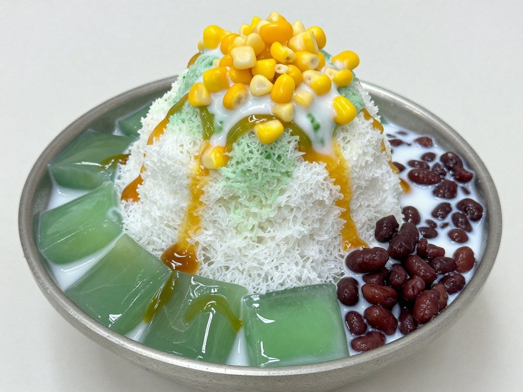 Bowl of cendol with green rice flour jelly, shaved ice, coconut milk and palm sugar showing Malaysian dessert