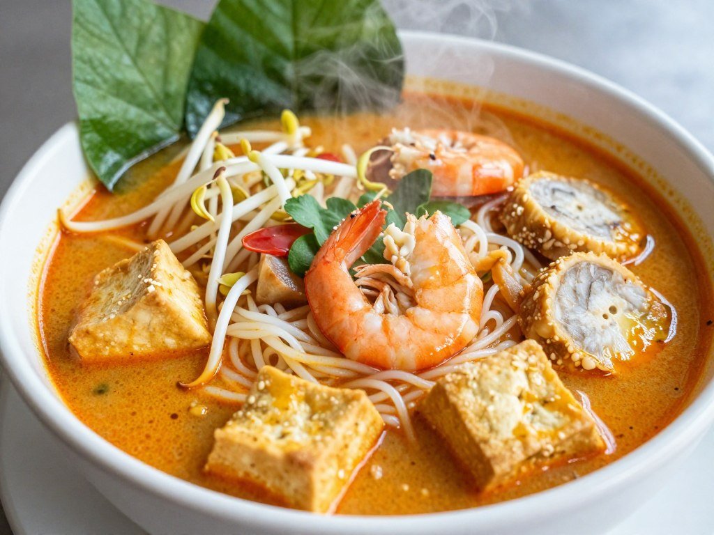 Bowl of curry laksa with thick rice noodles, coconut broth, tofu puffs and prawns showing street food Kuala Lumpur