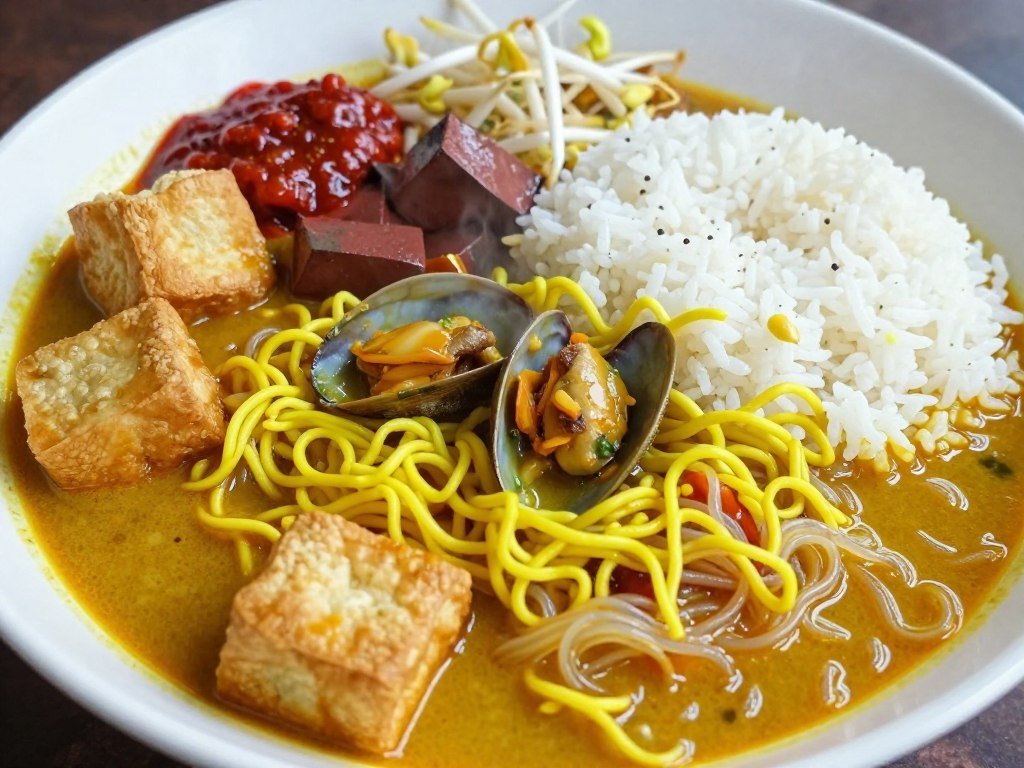 Bowl of curry mee with yellow noodles in spicy coconut broth showing popular street food Kuala Lumpur