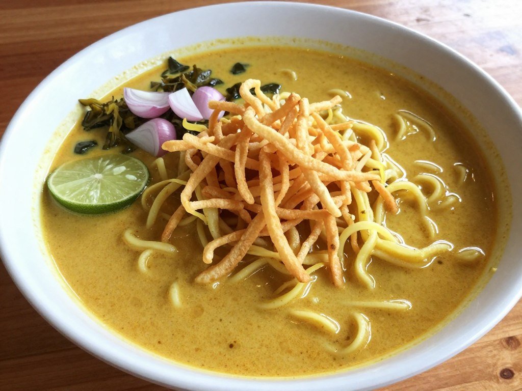 Bowl of khao soi at Mae Sai restaurant showing curry noodles and crispy noodles on top in Chiang Mai Bowl of khao soi at Mae Sai restaurant showing curry noodles and crispy noodles on top in Chiang Mai