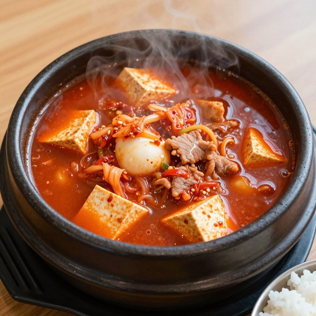 Bowl of kimchi jjigae stew with tofu