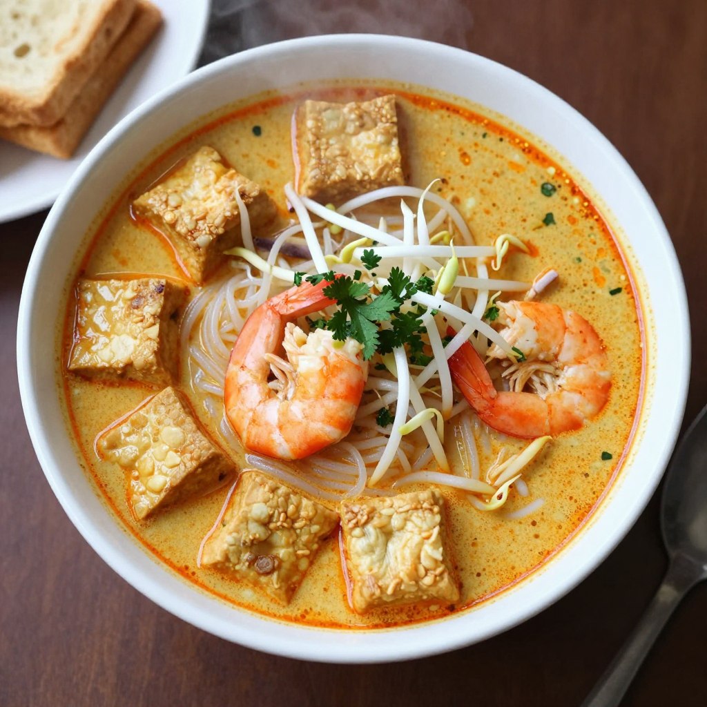 Bowl of laksa noodle soup with toppings