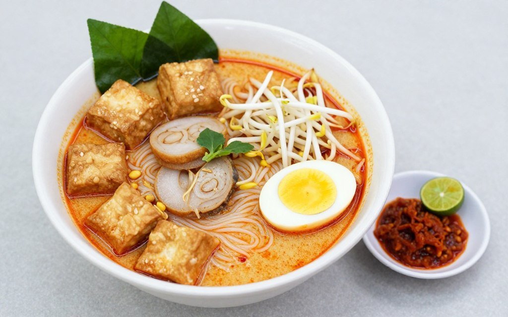 Bowl of laksa with coconut curry broth and noodles