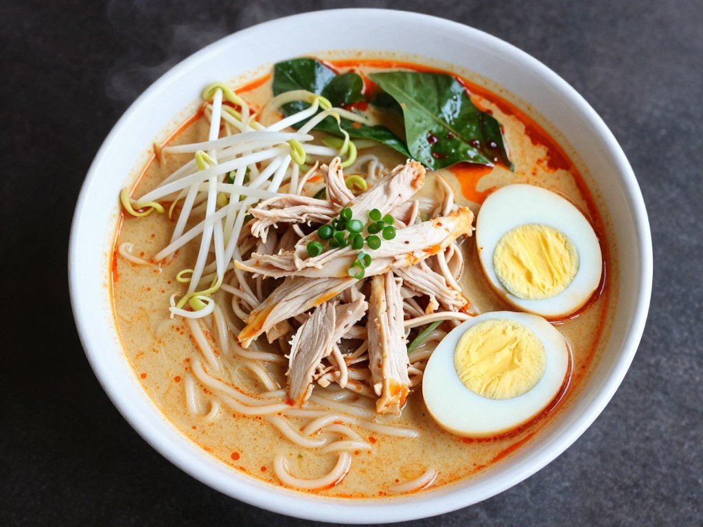 Bowl of laksa with rice noodles in spicy coconut broth garnished with herbs