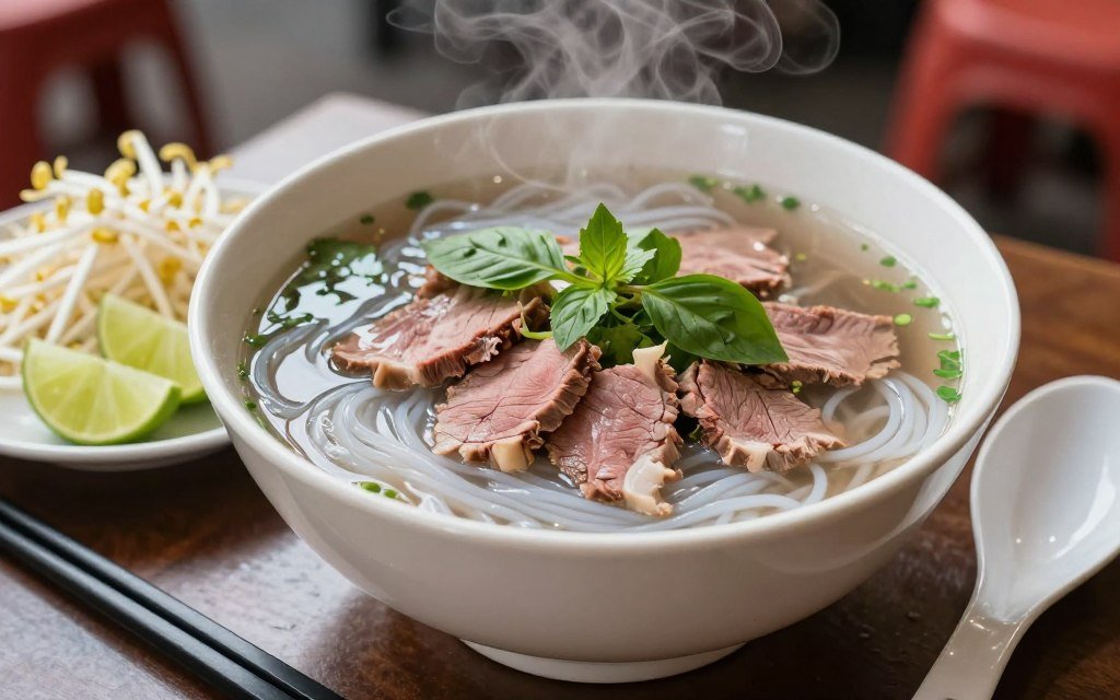 Bowl of pho with beef, rice noodles, and fresh herbs