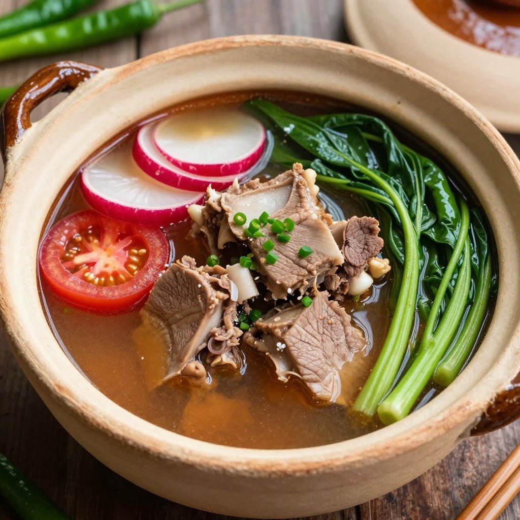 Bowl of sinigang soup with tamarind broth and vegetables