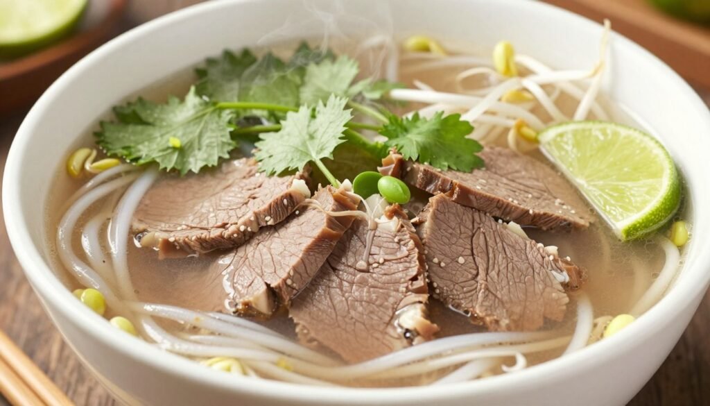 Bowl of traditional Vietnamese pho with fresh herbs