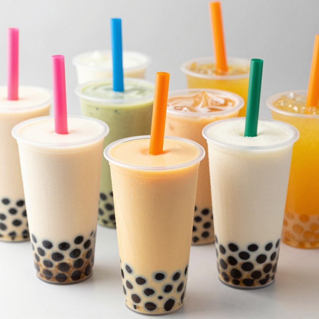 Bubble tea drinks with colorful straws and tapioca pearls Bubble tea drinks with colorful straws and tapioca pearls