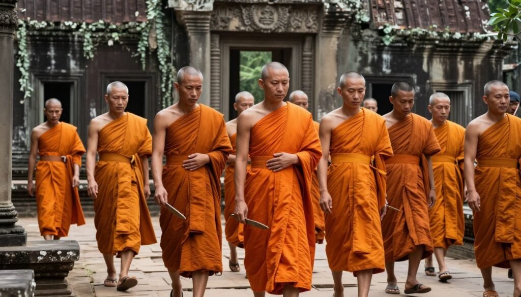 Buddhist monks in orange robes at Angkor temple Buddhist monks in orange robes at Angkor temple