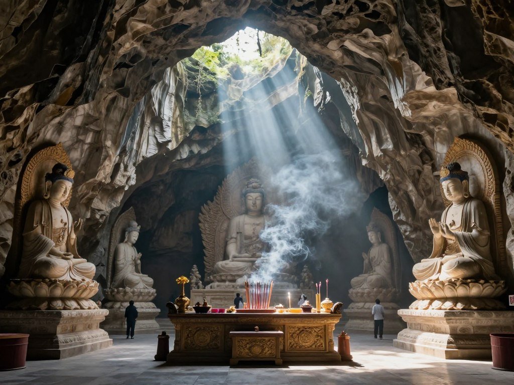 Buddhist temple inside Marble Mountains cave with natural light beaming through opening Buddhist temple inside Marble Mountains cave with natural light beaming through opening