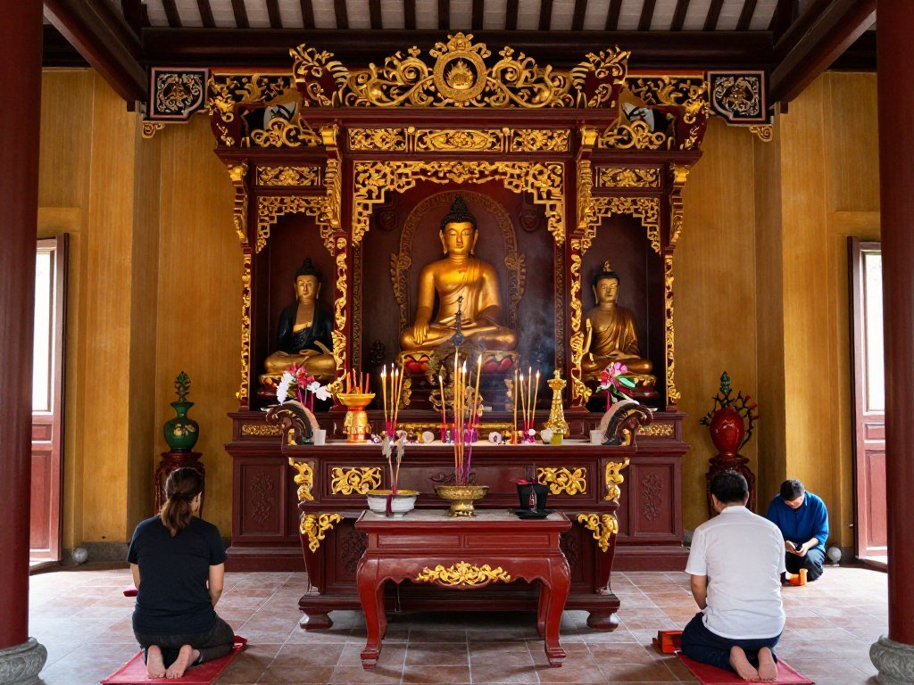 Buddhist temple interior in Hoi An with altar and incense