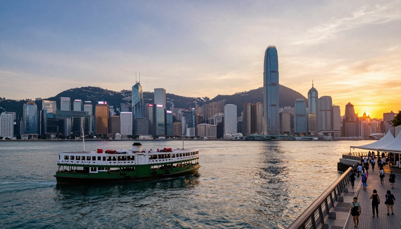 Budget Hong Kong itinerary 7 days showing Victoria Harbour skyline at sunset with Star Ferry in foreground