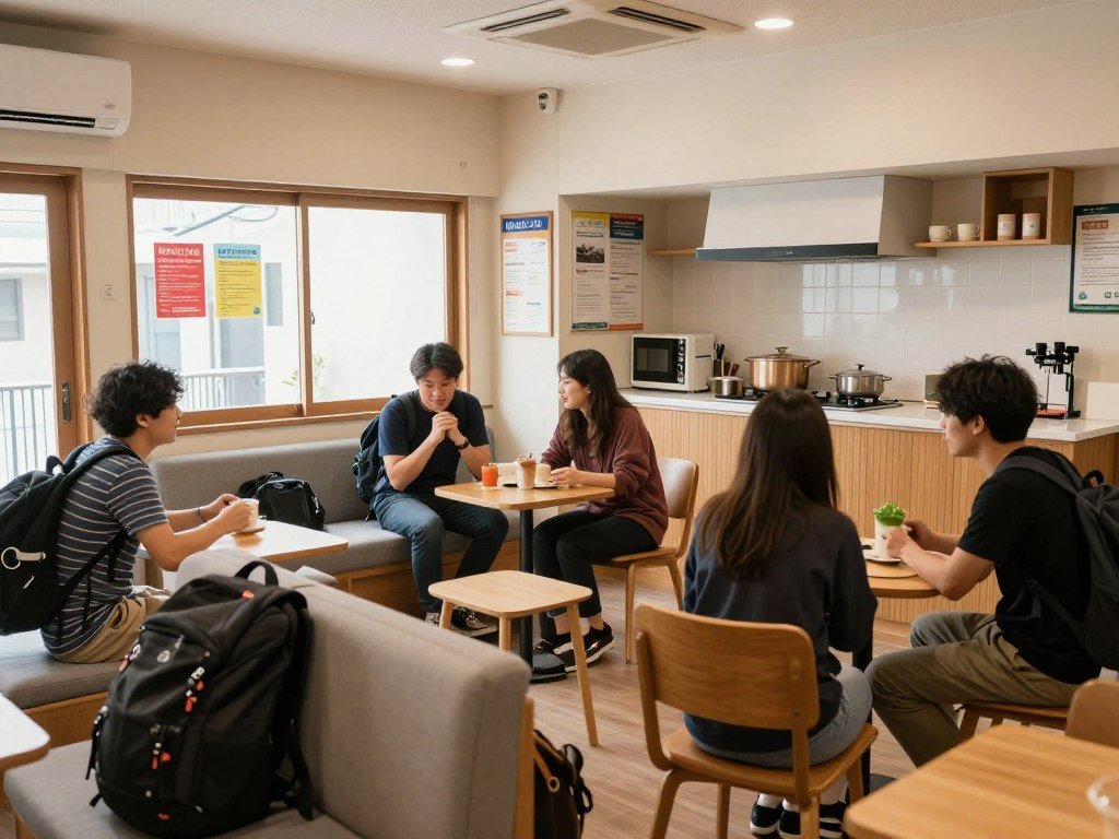 Budget hostel common area in Asakusa with travelers