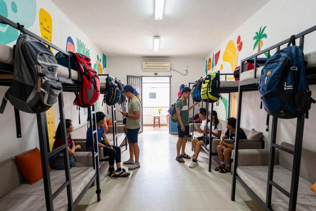 Budget hostel common area in Malacca with travelers socializing