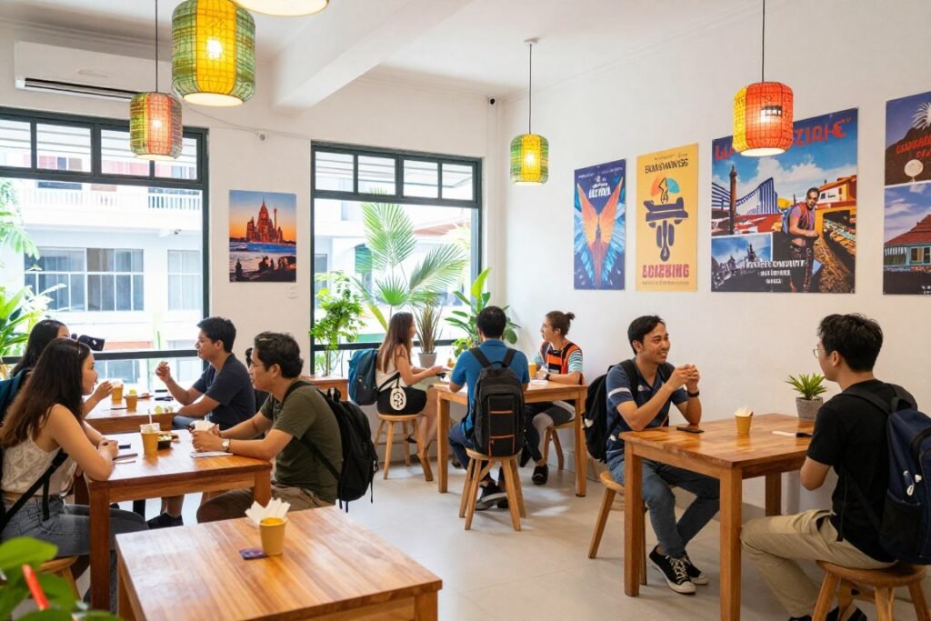 Budget hostel common area with travelers socializing