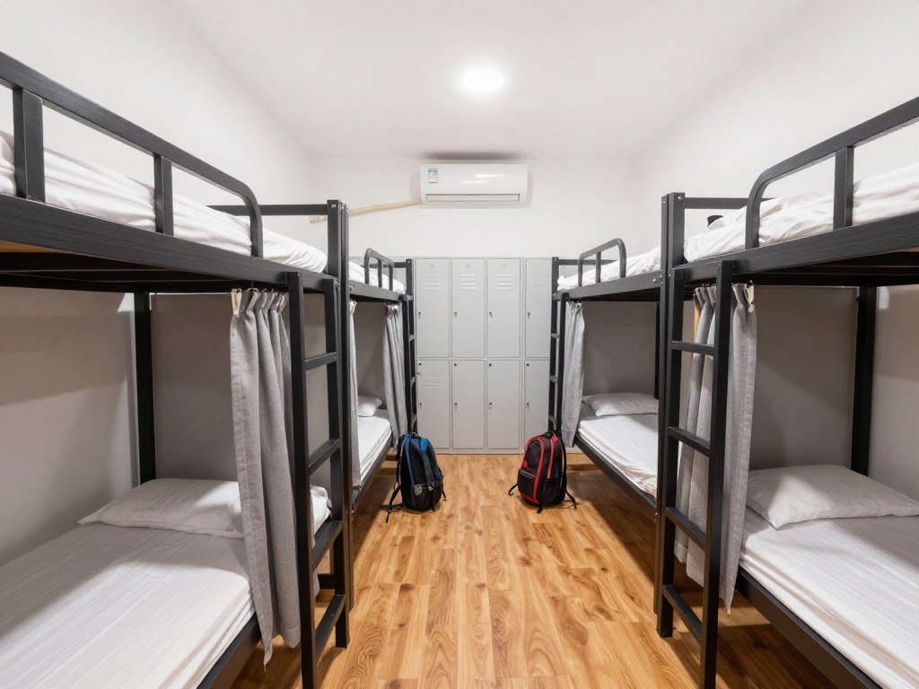 Budget hostel dorm room in Danang with bunk beds