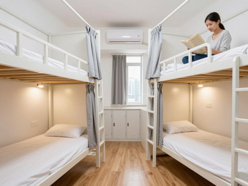 Budget hostel dorm room in Hong Kong with bunk beds and lockers
