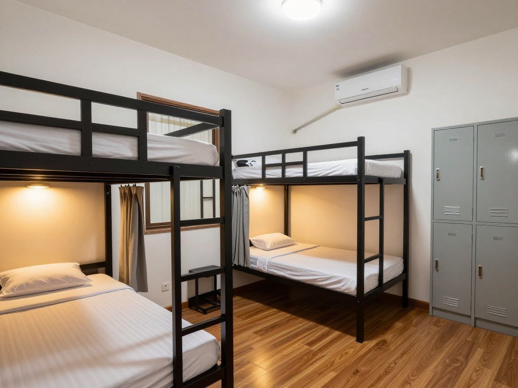 Budget hostel dormitory room in Siem Reap with bunk beds