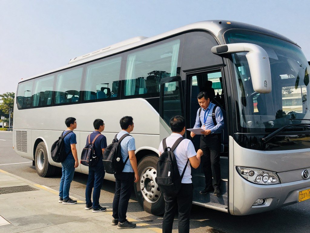 Budget tour bus with tourists boarding in Taipei