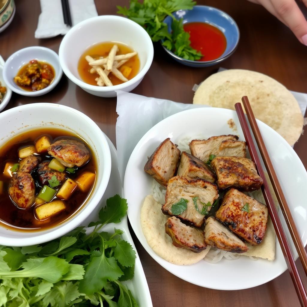Bun cha with grilled pork, noodles, and dipping sauce - Vietnam Travel Guide