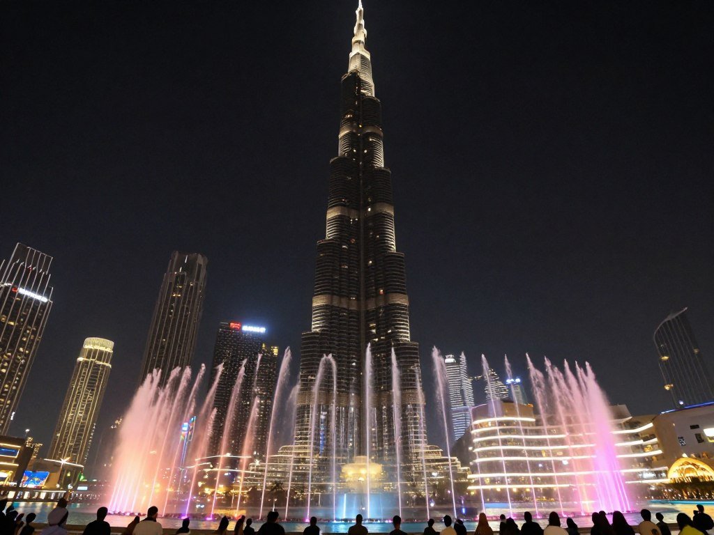 Burj Khalifa during spectacular Dubai Fountain show at night Burj Khalifa during spectacular Dubai Fountain show at night