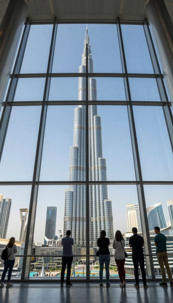 Burj Khalifa observation deck view over Dubai cityscape Burj Khalifa observation deck view over Dubai cityscape