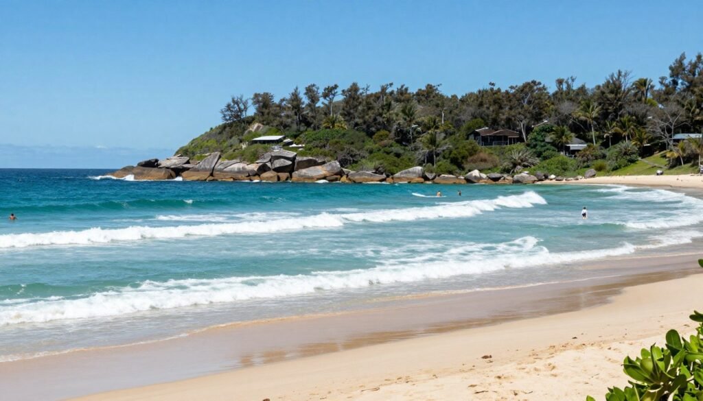 Burleigh Heads beach with headland and national park in background