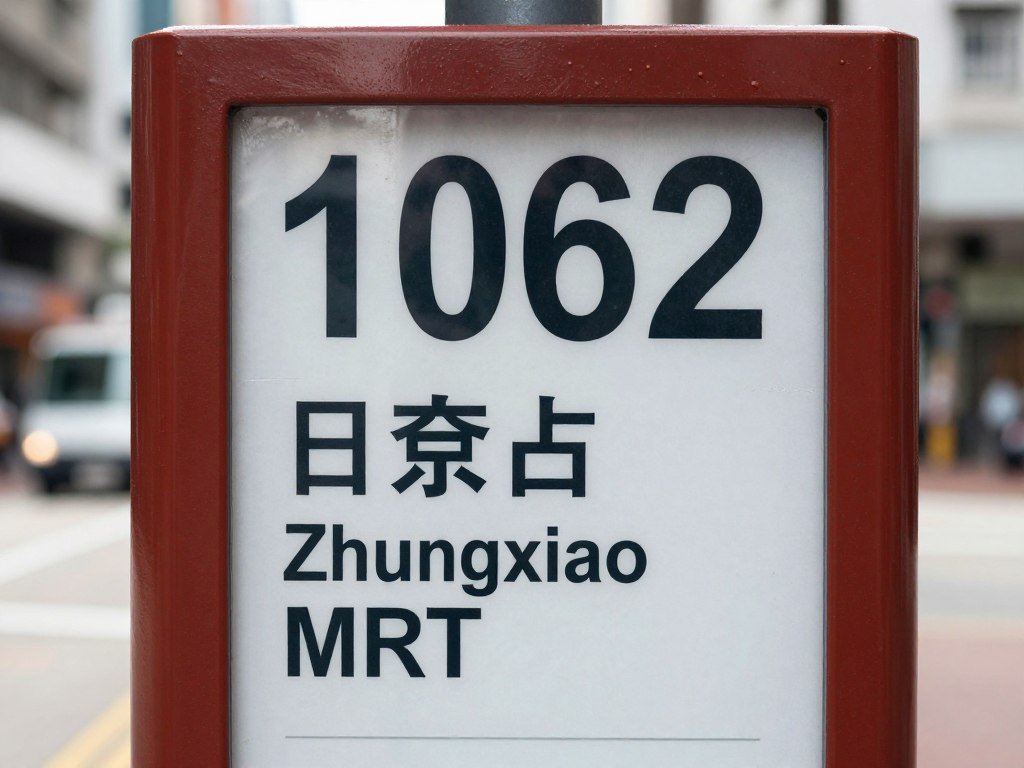 Bus stop sign showing route 1062 to Jiufen at Zhongxiao Fuxing station