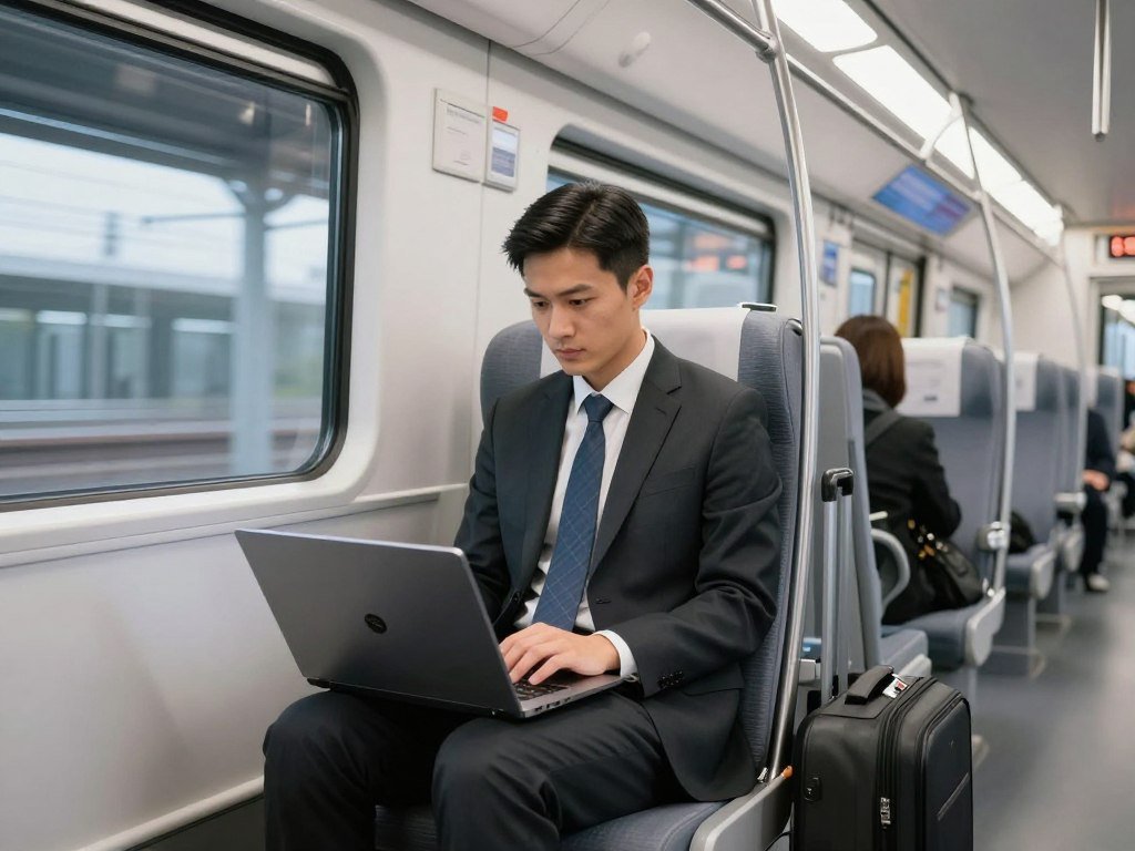 Business traveler on MRT Express using laptop
