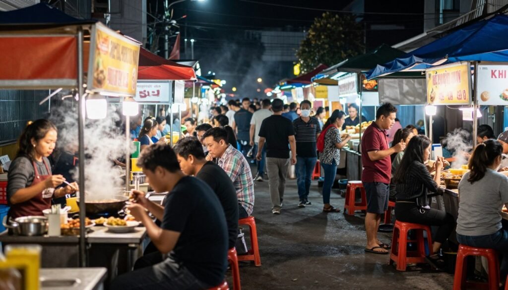 Bustling Bandung food street at night with vendor stalls