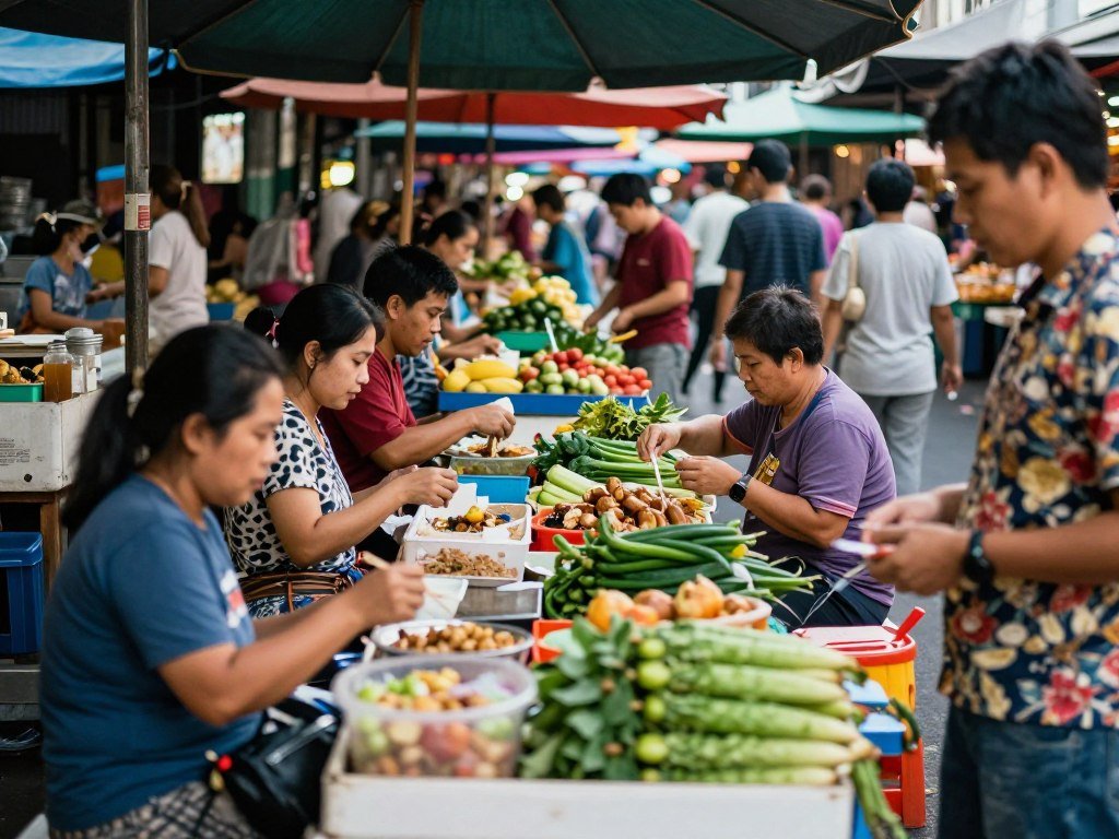 Bustling Bangkok street market with colorful food stalls and local vendors