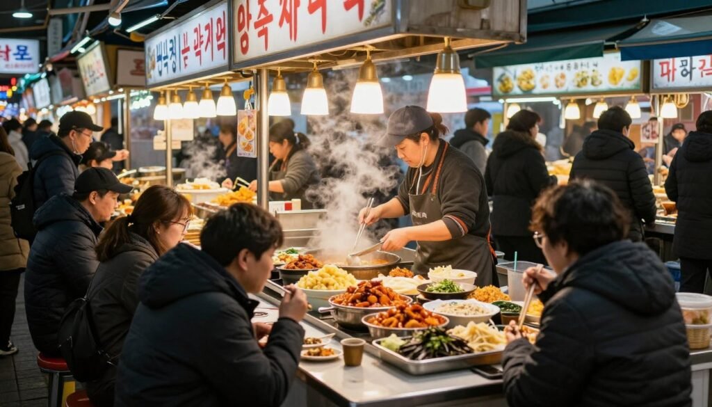 Bustling Gwangjang Market with food stalls and diners sitting at counters