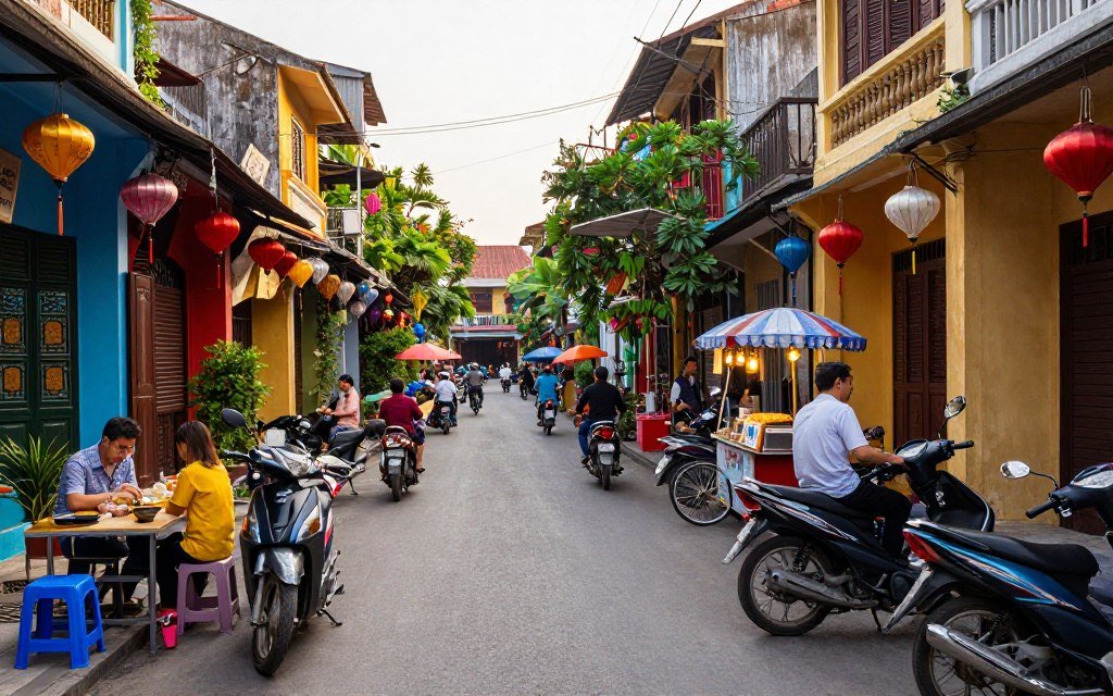 Bustling Hanoi Old Quarter street with motorbikes, street vendors, and traditional shophouses