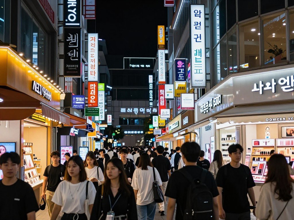 Bustling Myeongdong shopping street with Korean cosmetics stores and crowds