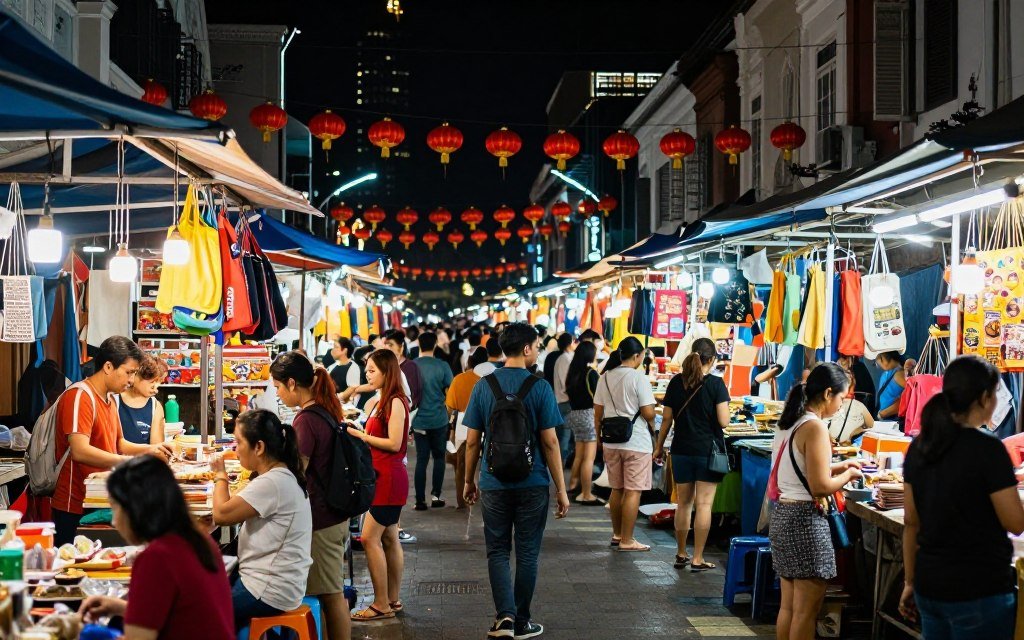Bustling Petaling Street night market in Chinatown with vendors and shoppers
