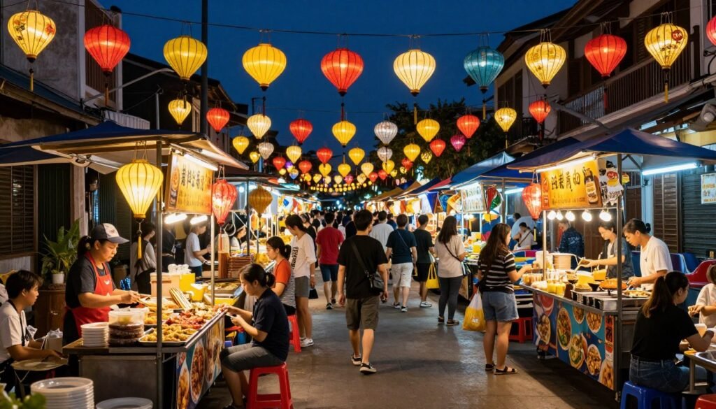 Bustling Phu Quoc night market with food stalls and lanterns