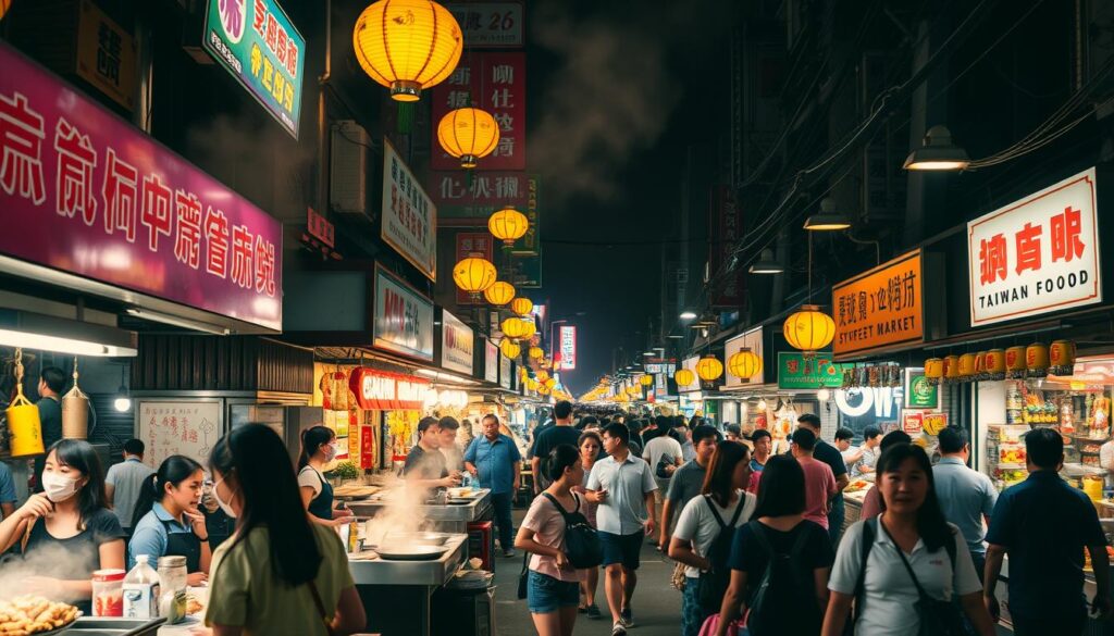 Bustling night market in Taiwan with food stalls and crowds
