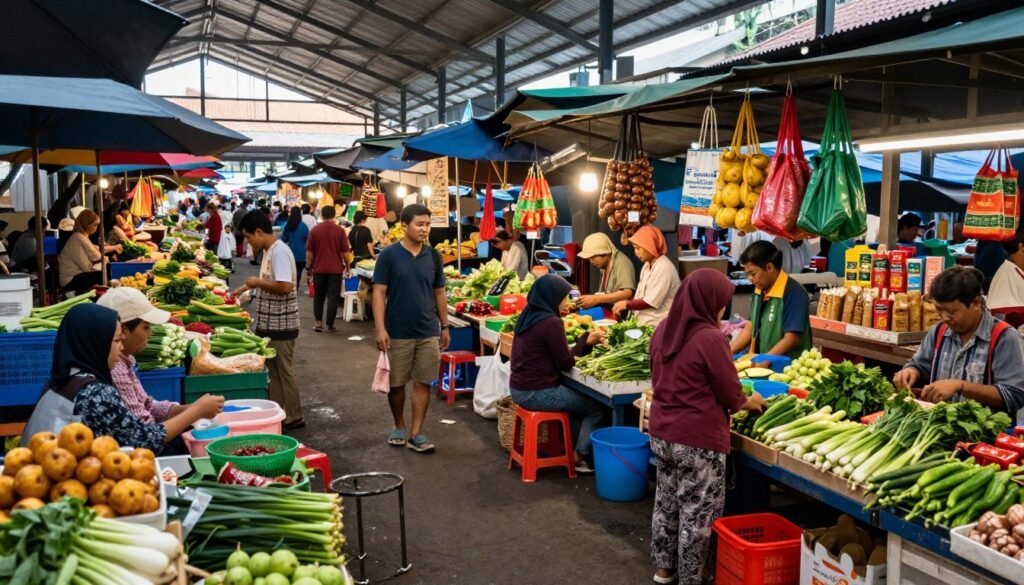 Bustling traditional market in Bandung with vendors and shoppers
