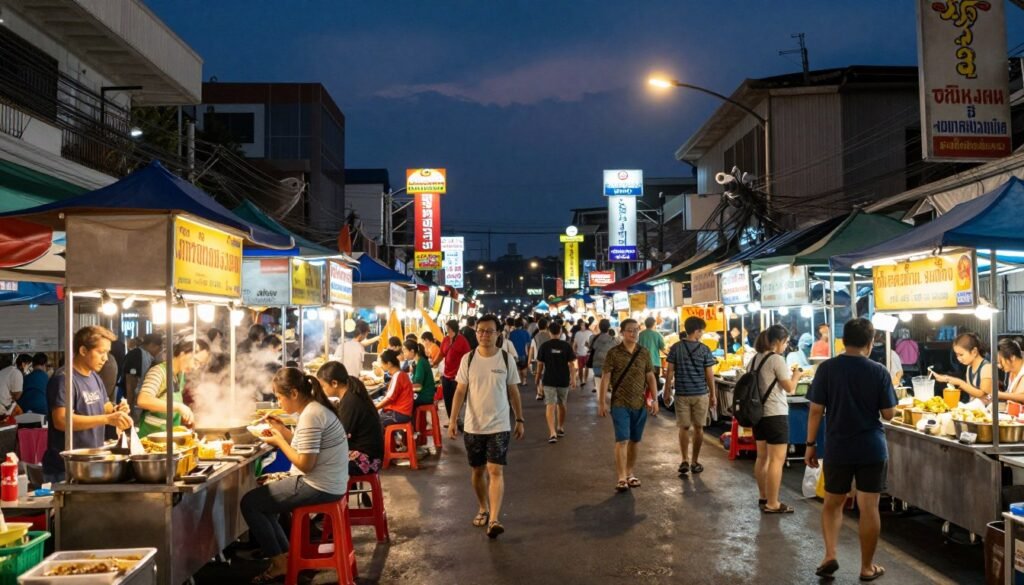 Busy Bangkok street food market at night with vendors and crowds showing the vibrant food scene