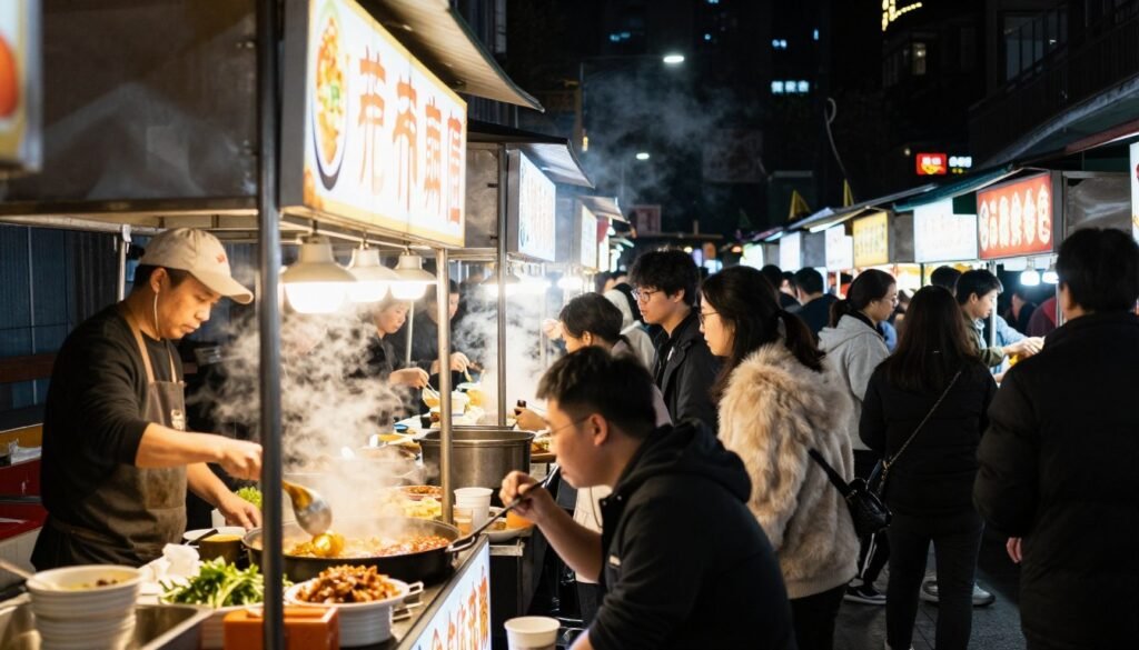 Busy Chengdu street food market at night
