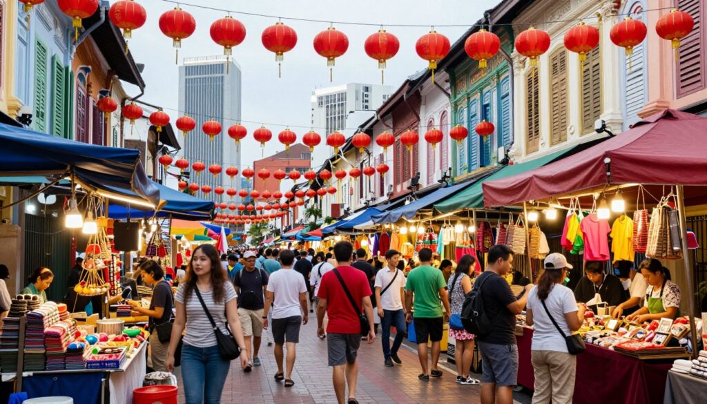 Busy Chinatown street market with budget shopping in Kuala Lumpur