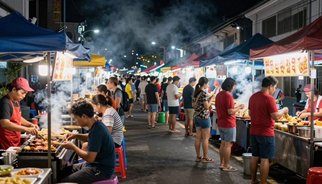 Busy Jonker Street night market with food vendors and crowds