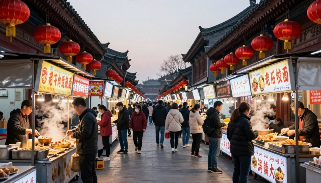 Busy Muslim Quarter street in Xi'an with food vendors and lanterns