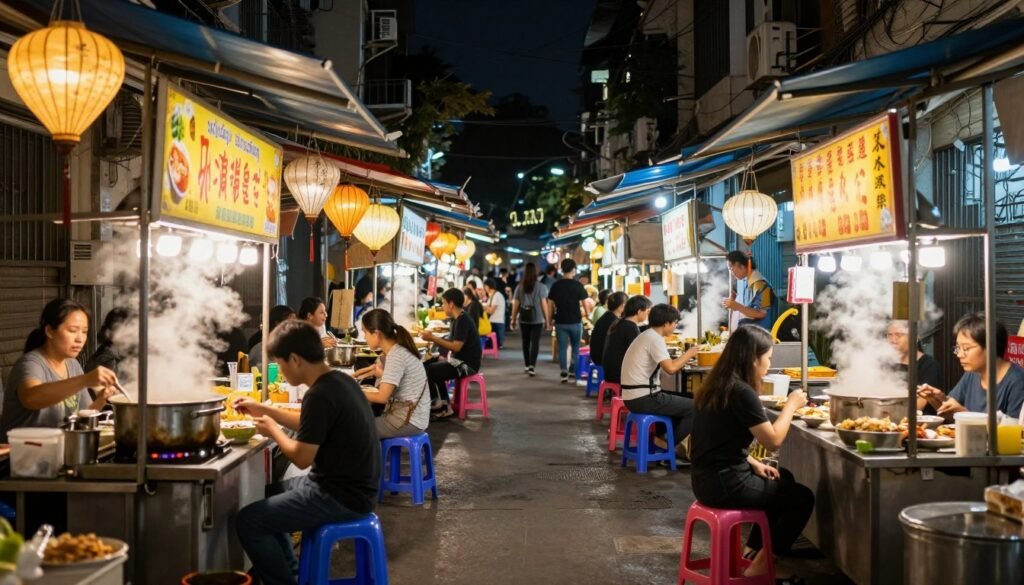 Busy Vietnamese street food alley with multiple vendors